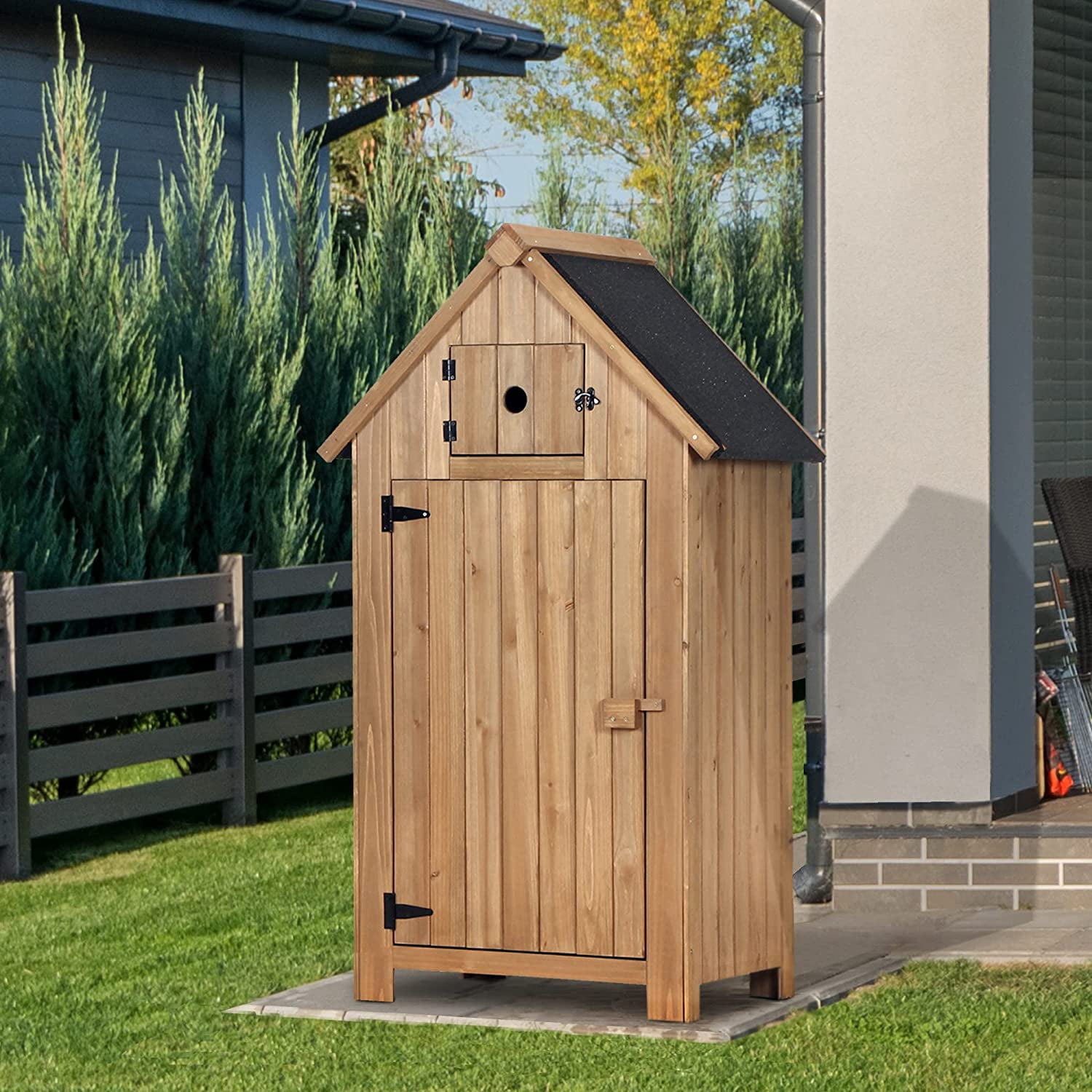 Natural Fir Wood Outdoor Storage Cabinet with Shelves and Door