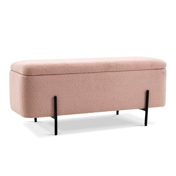 Mcombo Storage Ottoman Bench, Teddy Fabric Upholstered Footstool with Storage Space, Bed End Bench for Bedroom, Living room, Entryway W709(Pink)