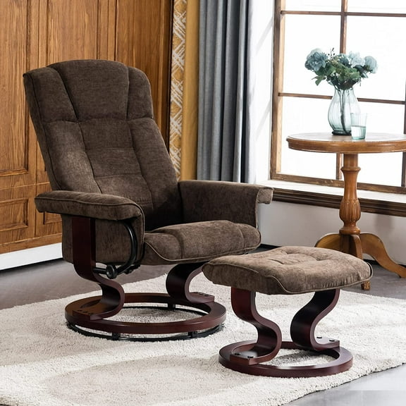 Mcombo Swivel Recliner with Ottoman, Wood Base, for Living Room, Chenille Fabric 4919 (Dark Brown)