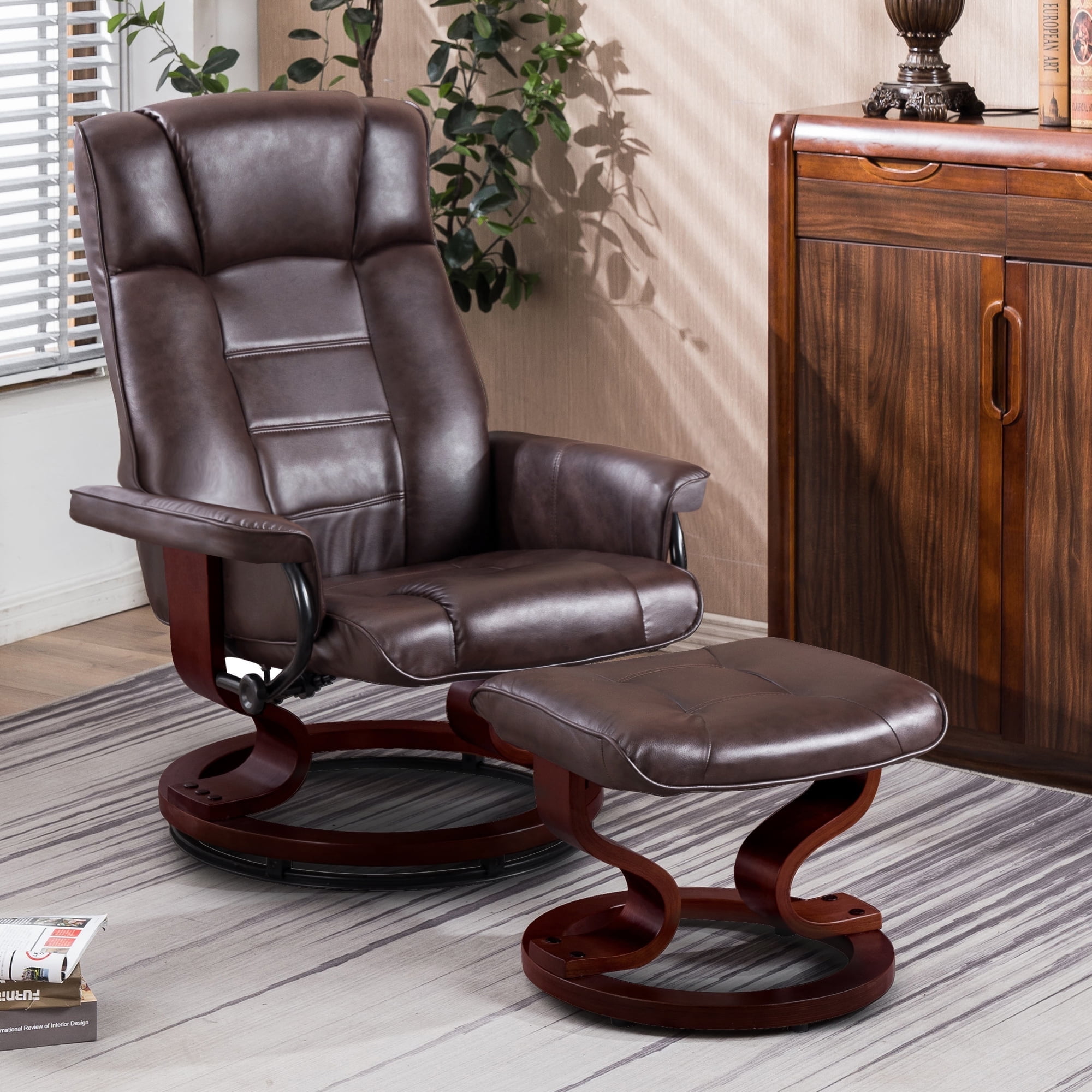 MCombo Swivel Recliner Chair with Wood Base and Ottoman, Faux Leather