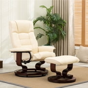 MCombo Swivel Recliner Chair with Wood Base and Ottoman, Faux Leather
