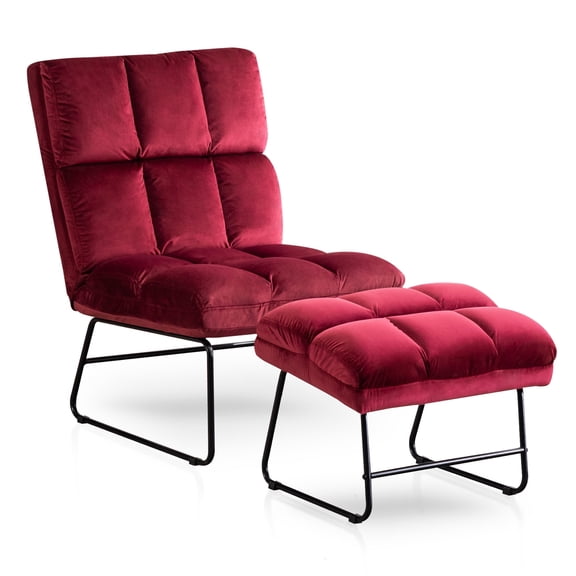 Mcombo Velvet Accent Chair with Ottoman, Metal Legs Club Chair for Living Room Bedroom 0014 (Burgundy)
