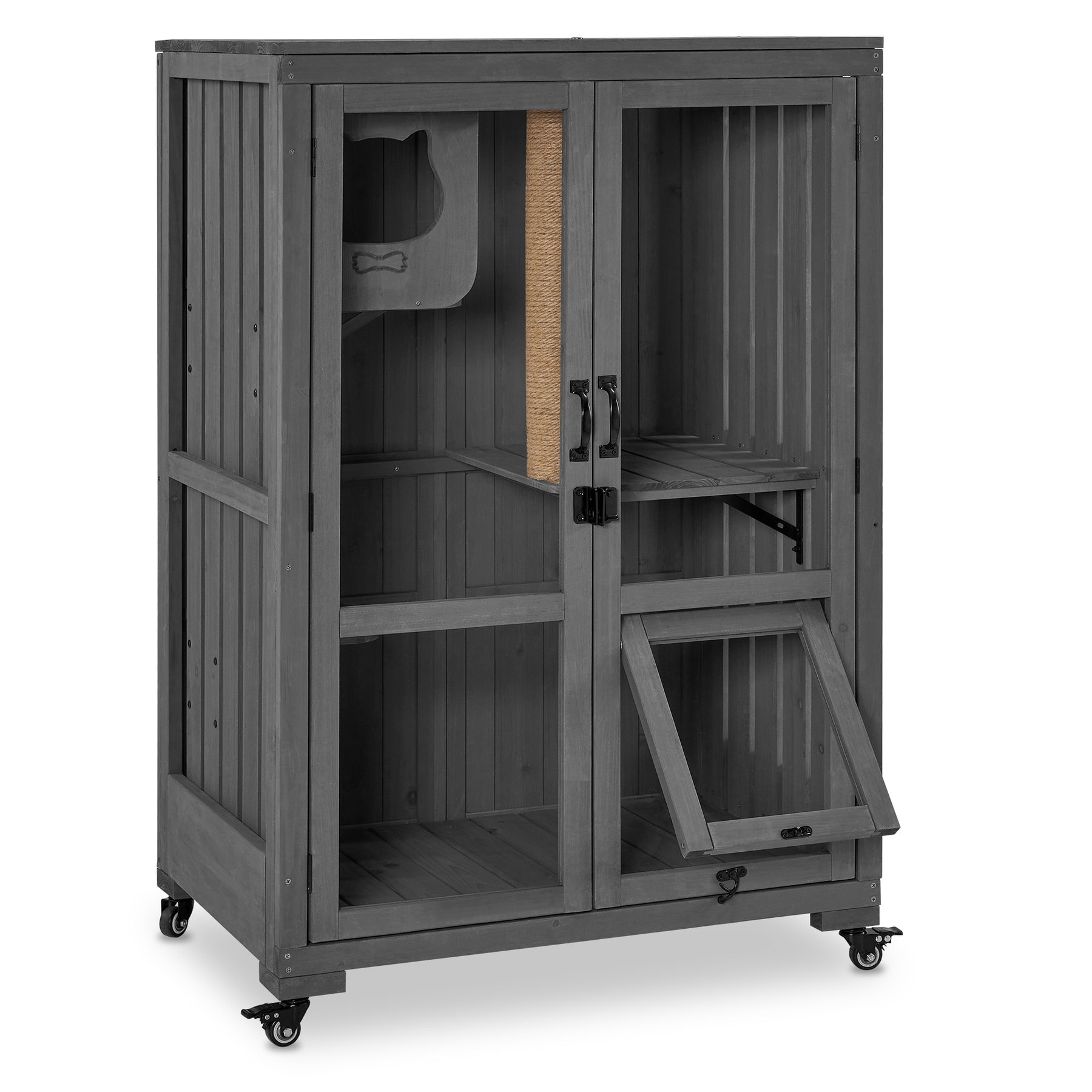 Large Gray Wooden Freestanding Outdoor Cat House with Wheels