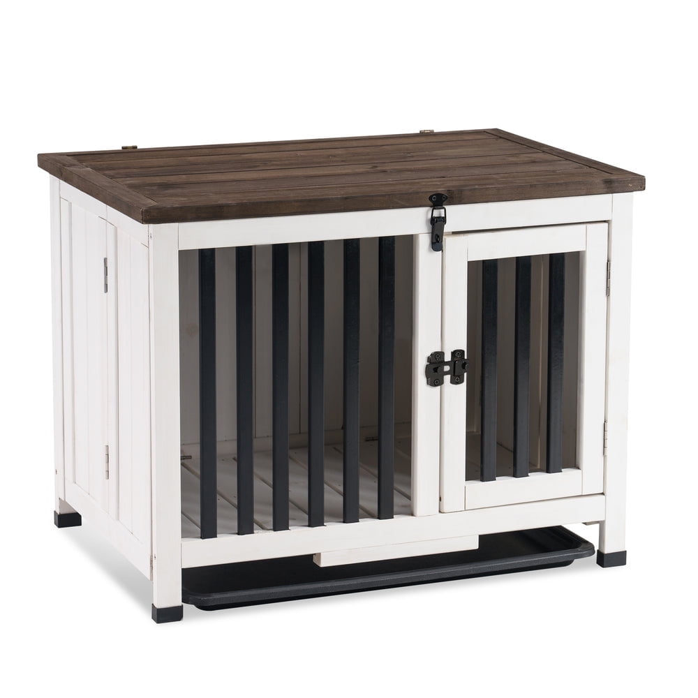 Small White and Brown Wooden Dog Crate End Table