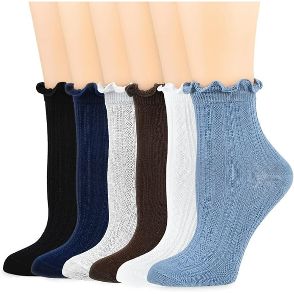 Mcool Mary Womens Crew Socks Ruffle Casual Cotton Frilly Breathable Cute Knit Lettuce Trim Dress Ankle Socks 6 Pairs