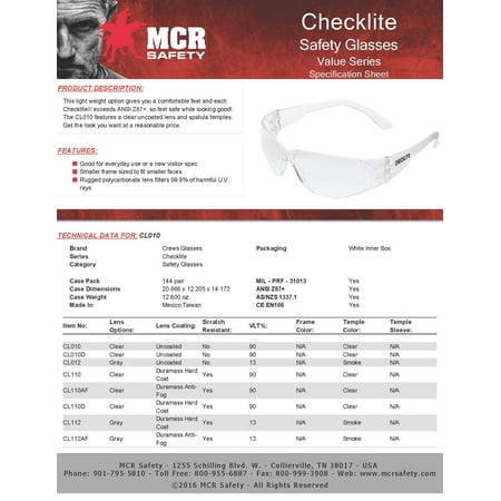 Mcr Safety Checklite Safety Glasses Uncoated Clear CL010