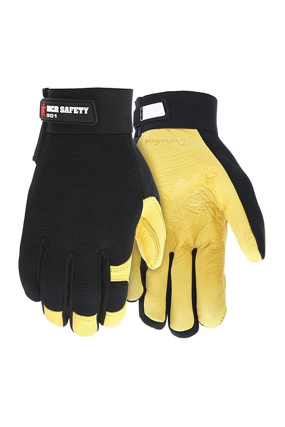 Multi-Task Mechanics Gloves, Grain Deerskin Leather Palm, Spandex Back, L, Black/Yellow