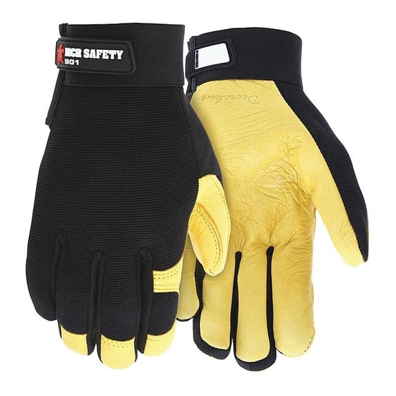 Multi-Task Mechanics Gloves, Grain Deerskin Leather Palm, Spandex Back, M, Black/Yellow