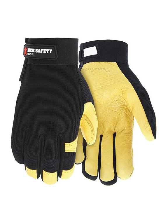 Multi-Task Mechanics Gloves, Grain Deerskin Leather Palm, Spandex Back, M, Black/Yellow