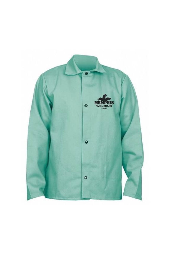 Welding Jacket, Excel FR, 9 oz, 75 in Length, Snaps Closure, Green, L