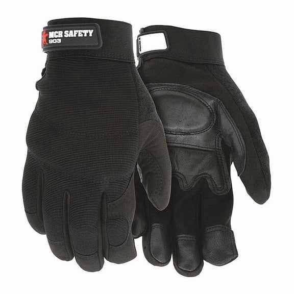 Mechanics Gloves, Goatskin, Nylon, Spandex(R), Hook-and-Loop Cuff, Wing Thumb, Full Finger, Black