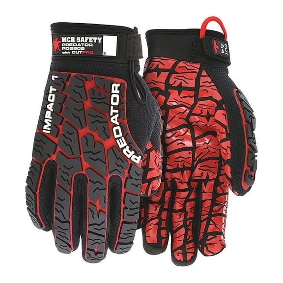 Predator Mechanics Gloves, Synthetic Leather Palm, Spandex Back, 2XL, Black/Red
