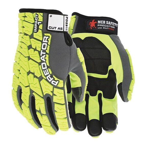 Predator Mechanics Gloves, Synthetic Leather Palm, Spandex Back, L, Gray/Lime PD2911L