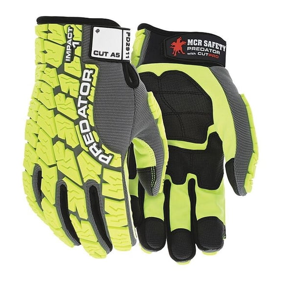 Predator Mechanics Gloves, Synthetic Leather Palm, Spandex Back, M, Gray/Lime