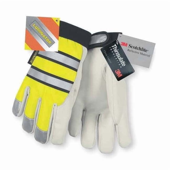 Hi-Vis Cold Protection Mechanics Gloves, Grain Goatskin Palm, Hook-and-Loop Cuff, Black/Lime/White