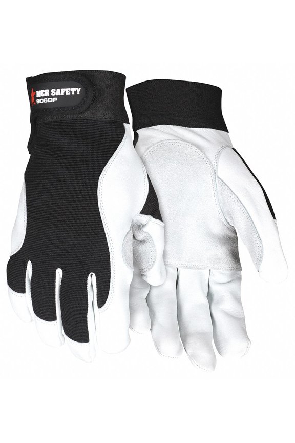 906DP Mechanics Gloves, Goatskin Palm, Nylon, Spandex Back, L, Black/White