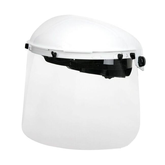 Ratchet Face Shield Assembly, Clear Visor, 8" Height, Ratchet Suspension, Uncoated Lens, White