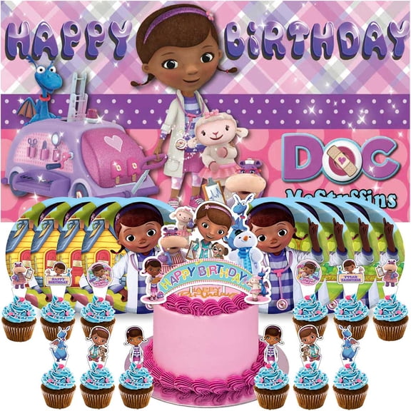 Mcstuffins Birthday Party Decor Set - 5x2.3ft Backdrop Banner, Paper Plates, Cake Toppers & Fan Decorations