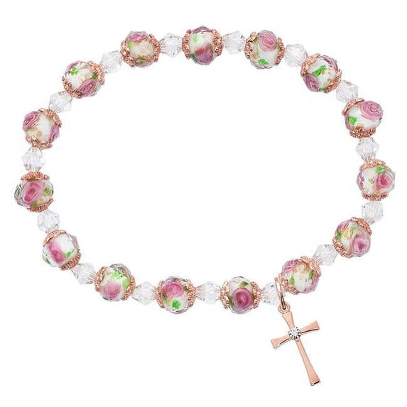 Mcvan BR199 7.5 in. Adult Rose Gold & Pink Flower Beads Bracelet Boxed