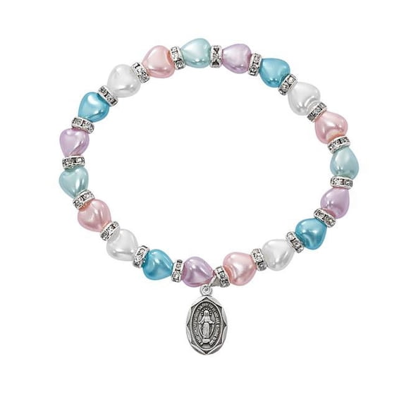 Mcvan BR35 5.5 in. 5 x 6 mm Multi Pearl Like Heart Baby Stretch Bracelet with Pewter Miraculous Boxed