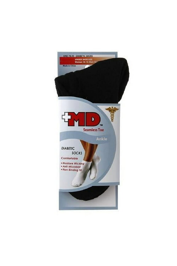 Md Diabetic Seamless Toe Black Ankle Socks, Large, Unisex - 1 Pr