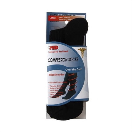 Md Ribbed Cushion Over The Calf Compression Socks Black, Large - 1 Pr, 2 Pack