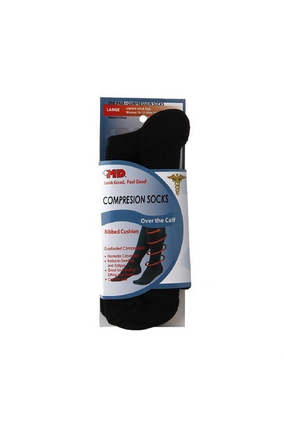 Md Ribbed Cushion Over The Calf Compression Socks Black, Large - 1 Pr, 2 Pack