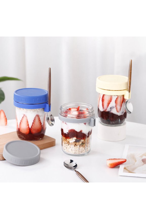 2Pcs Glass Oatmeal Breakfast Cups with Spoon Good Sealing Clear Scale Design Large Diameter Breakfast Bowls