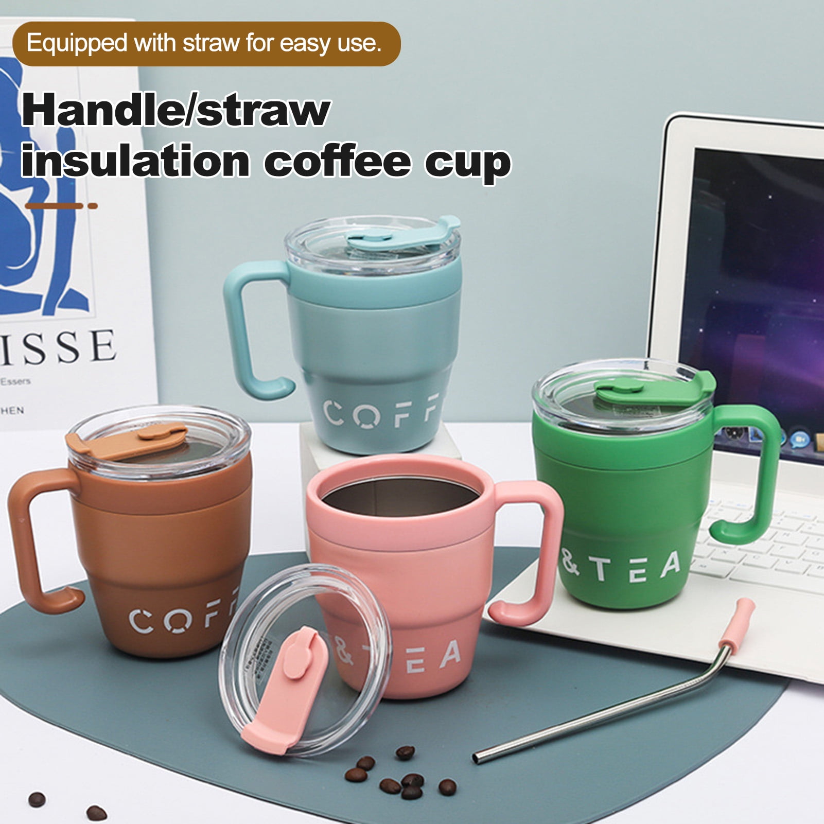 Mdesiwst 480ML Coffee Cup with Straw Stainless Steel Water Cup Portable
