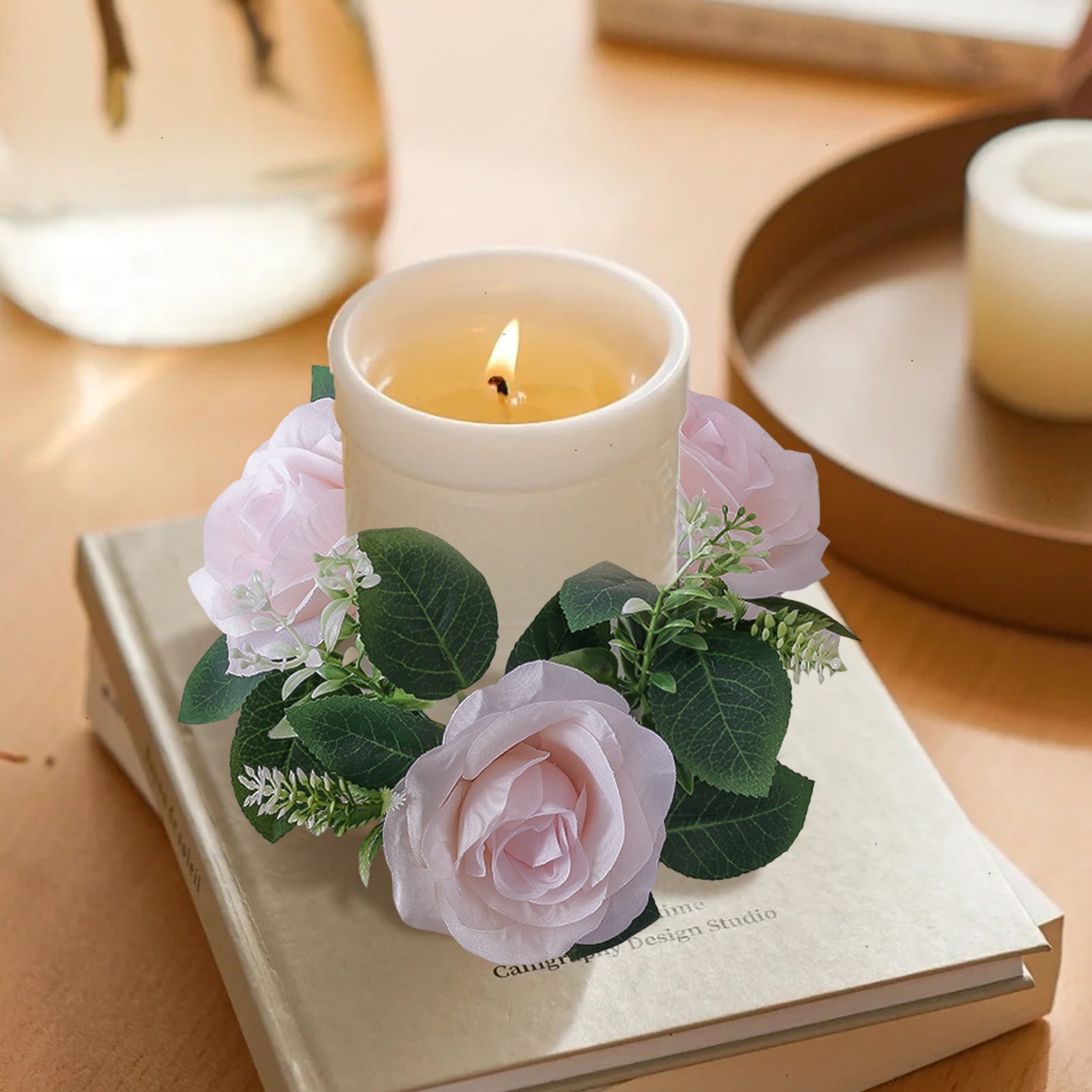 Uehgn Artificial Rose Wreath Candle Ring Pillar Candle Holder Spring