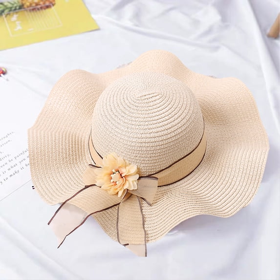 Mdesiwst Flower Decor Lace-up Bowknot Round Dome Sun Hat Women Big Wave Brim Floppy Straw Hat Fashion Accessories