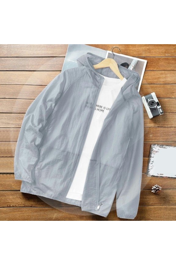 Men Sunscreen Coat Thin Zipper Closure Solid Color Summer Outdoor Sports Sun Protection Hooded Jacket Daily Wear