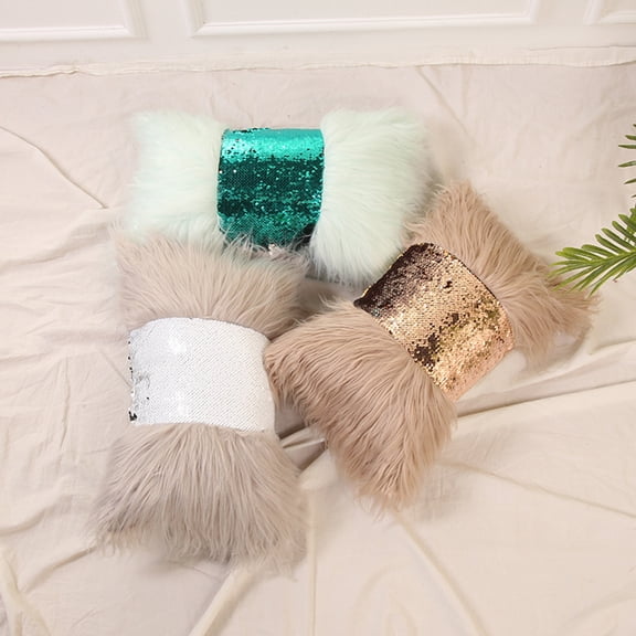 Mdesiwst Sequin Pillow Cover Sequin Long Plush Splicing Throw Pillow Cover Decorative Pillow Case Warm Gift Pillow Cover
