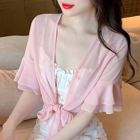 Mdesiwst Shawl Top Solid Color Breathable See-through Friendly to Skin Sun Protection Dress-up Chiffon Summer Women Shawl Top Clothing for Women