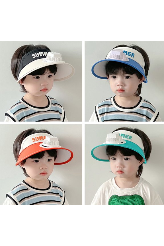 Summer Children Sun Hat with Mini Cooling Fan Empty Top Wide Brim Visor Hat Hiking Travel Sunscreen Hat Girls Boys Outdoor Sun Protection Accessories