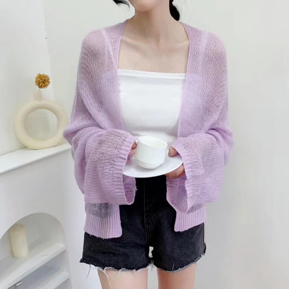 Mdesiwst Summer Sun Protective Coat Open Stitch Cardigan Loose Solid Color Knitted Long Sleeves Office AC Warm Shawl Outdoor Anti-UV Jacket