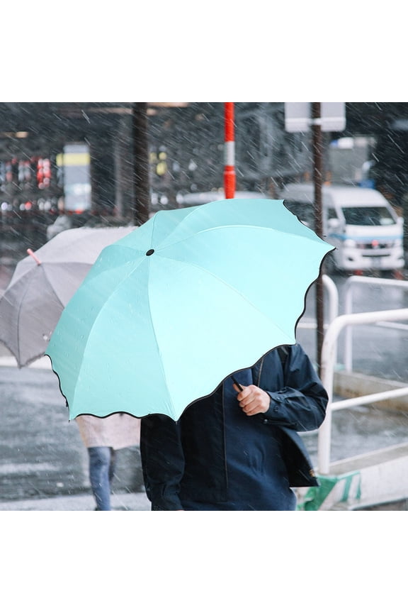 Sun Umbrella Tri fold Windproof Rainproof Wave Edge Vinyl Umbrella Compact UV Blocking Parasol with Cover Bag for Rain And Sun