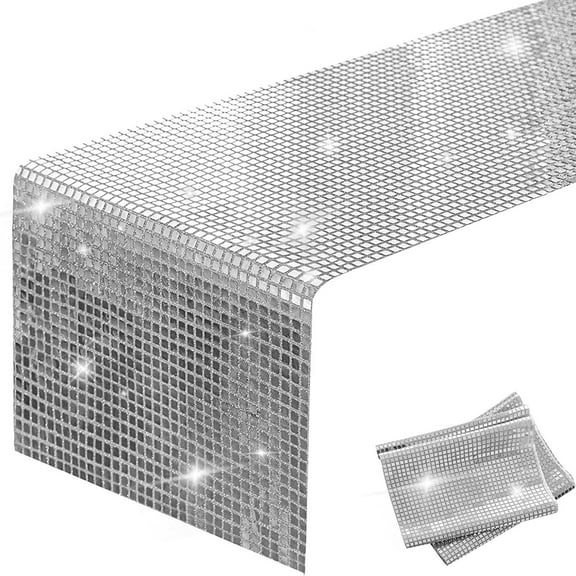 Mdesiwst Table Runner Waterproof Oil-proof Fadeless Tear Resistant Anti-deform Square Silver Sequin Mirror Disco Table Mat Dining Room Decor