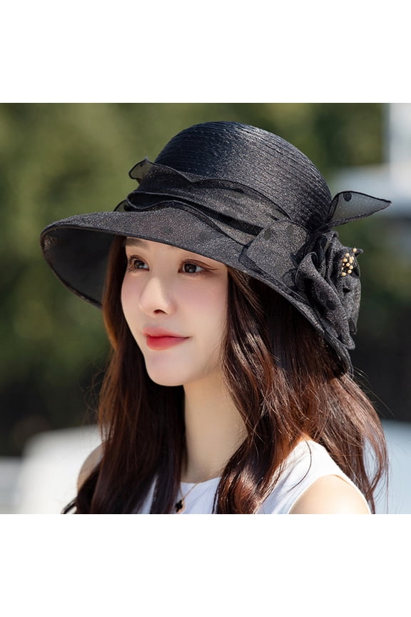 Wide Brim Round Dome Foldable Sun Hat Dot Print Flower Decor Organza Hat Fashion Accessories