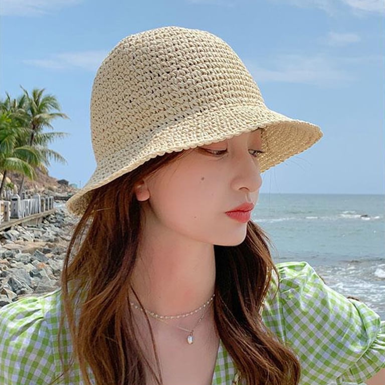 Mdesiwst Women Summer Solid Color Woven Straw Bucket Sun Hat  display picture 1