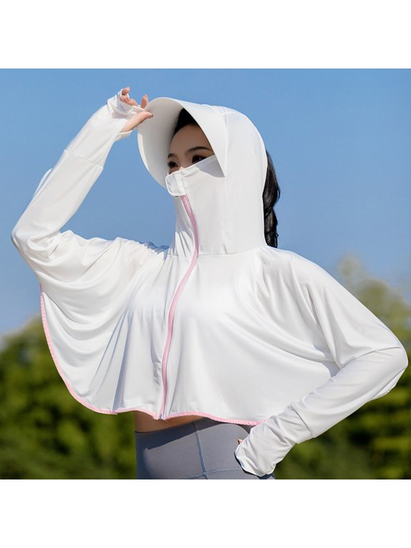 Women Sunscreen Coat Zipper Opening Hooded Face Nack Protection Ice Silk Anti-UV Loose Thin Soft Breathable Long Sleeve Color Matching Cycling Camping Jacket