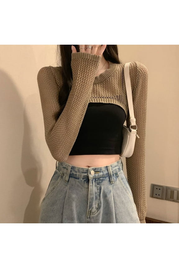 Women Sunscreen Top Hollow Thin Sun Protection See-through Anti-UV Waist-exposed Long-sleeved Shirt Summer Autumn Round Neck Short Knitted Short Blouse