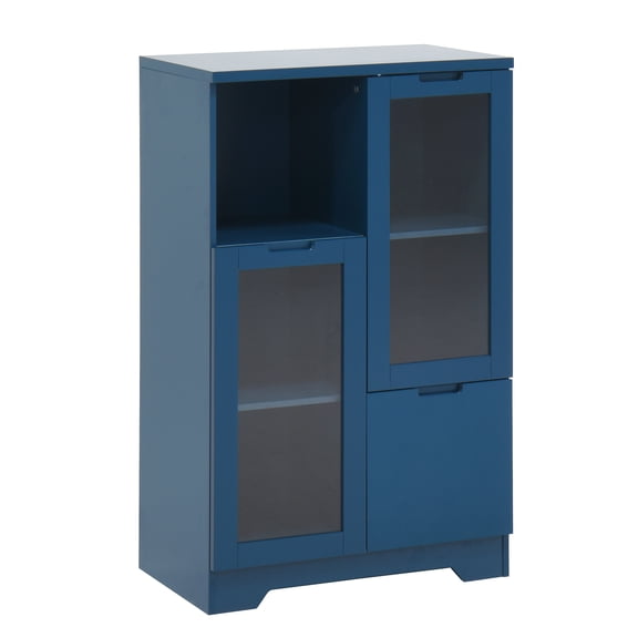 Mdf Painted Cabinet With Glass Doors And Drawer, Open Storage Space, Navy Blue, Bedroom, Living Room