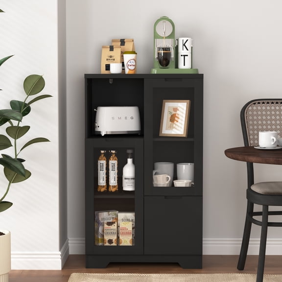 Mdf Painted Cabinet with Glass Doors and Drawer, Open Storage Space, Black, for Living Room, Bedroom