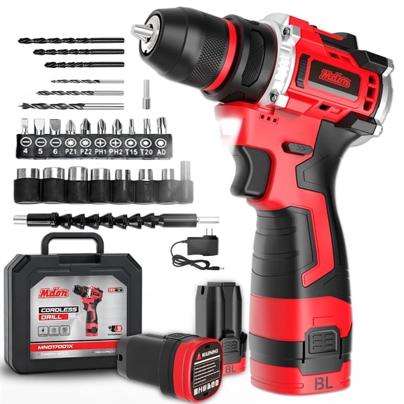 Mdon 16V Cordless Drill Set, Power Drill Set with Battery & Charger, Electric Drill Cordless/Hand Drills Cordless, 3/8" Keyless Chuck, 2 Variable Speed, Built-in Work Light, 30pcs Drill Bits