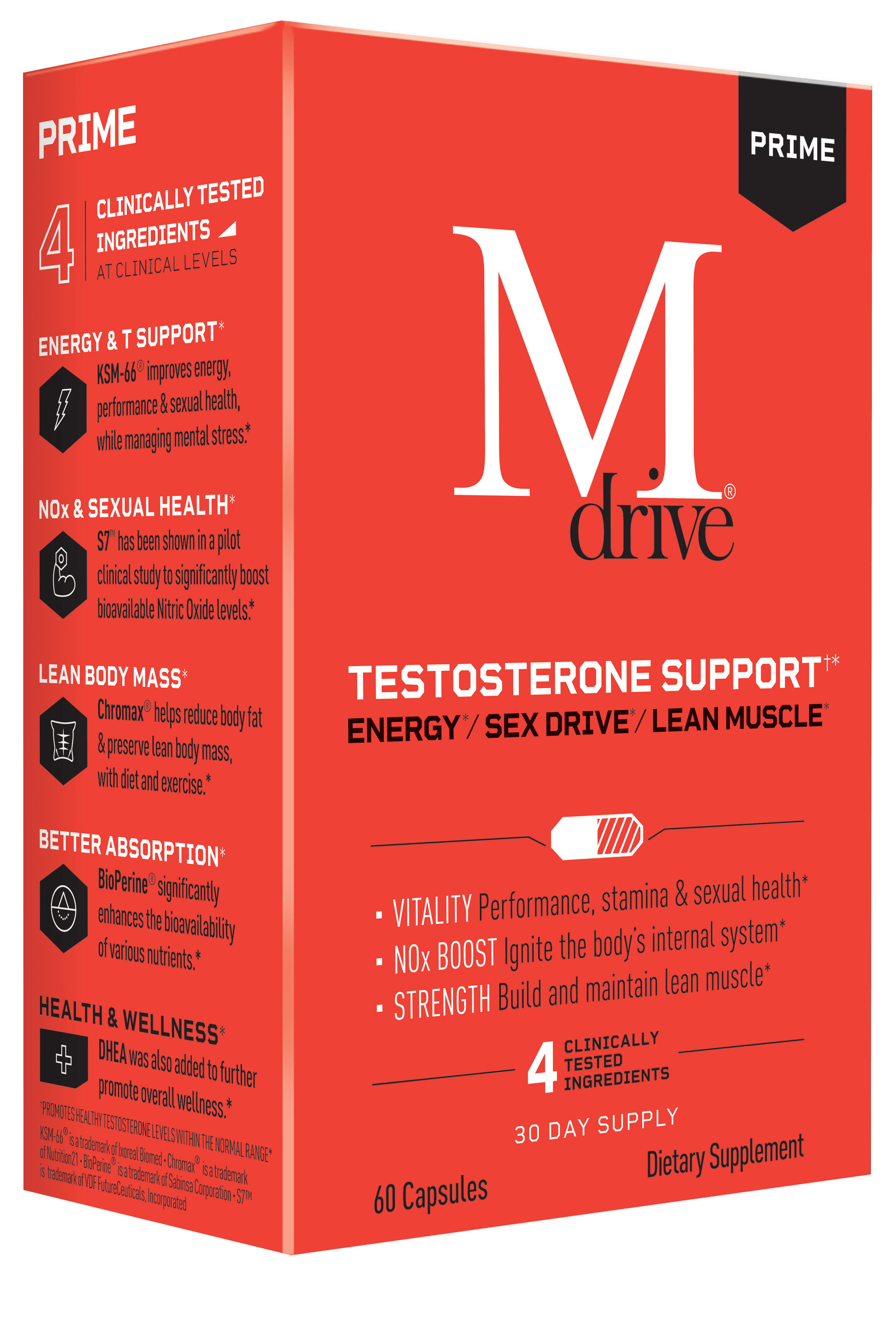 Mdrive Prime - Testosterone Support for Men, Max Energy, Stress Relief and Lean Muscle, KSM-66 Ashwagandha, S7 Nitric Oxide Booster, Bioperine and DHEA, 60 Capsules.