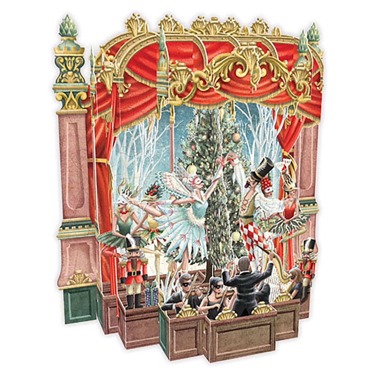 Me & McQ Christmas Ballet Stage: Dancers with Fairy Wings and Red Checkered Costume Laser Cut 3D Pop Up Christmas Card