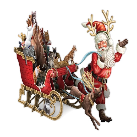 Me & McQ Sleigh Filled with Cats Being Pulled by Santa and Dog 3D Pop Up Laser Cut Christmas Card