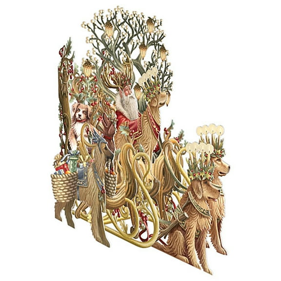 Me & McQ Woodland Santa in Sleigh Being Pulled by Dogs Laser Cut 3D Pop Up Christmas Card