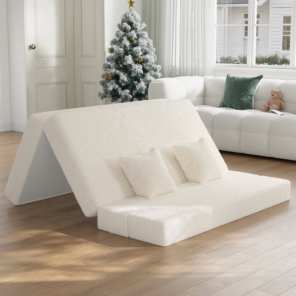 Me'On 6" Folding Sofa Bed Foldable Floor Mattress with 2 Pillows, Suitable for Living Room, Queen Size, Adult, Beige